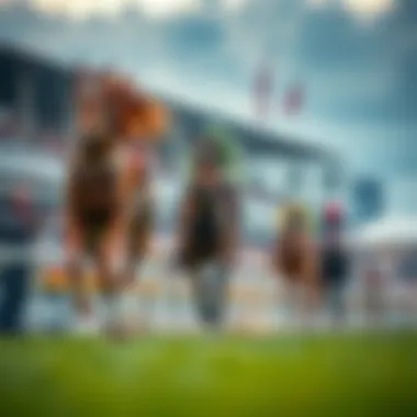 Horses racing on a track with spectators in the background