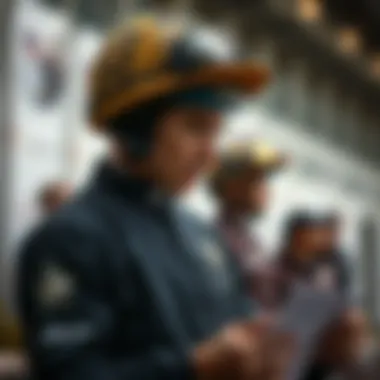 A jockey strategizing before a race, reviewing notes